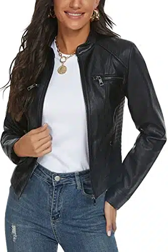 Fahsyee Women's Faux Leather Jacket, Moto Biker Antique finishedÂ Slim Vegan MotorcycleâZipper Coat Outwear, Black, Size S